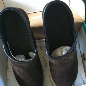 New brown suede Sanita clogs